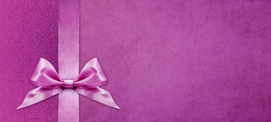 Wall Mural - gift cards with pink ribbon bow Isolated on pink and purple texture background, christmas and greeting template with copy space