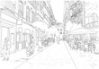 Hand drawn illustration. Street scene in Madrid. People enjoy dining on a terrace in the back streets of a Madrid neighborhood.