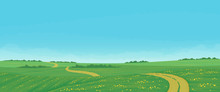 Summer Landscape With Rural Dirt Road Running Through Green Fields With Wildflowers And Windbreaks With Bright Blue Sky And Clouds. Vector Illustration, Country Background, Farming Banner.