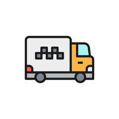 Sticker - Vector cargo taxi, truck, delivery flat color line icon.