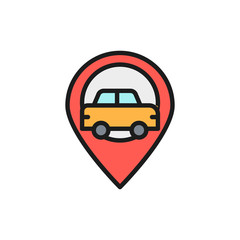 Wall Mural - Car location, map pointer with taxi flat color line icon.