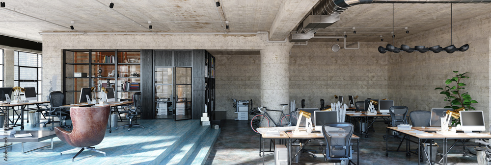 Office interior in loft, industrial style, 3d render - obrazy, fototapety, plakaty 