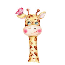 Cute Cartoon Giraffe With Pink Butterfly; Watercolor Hand Draw Illustration; With White Isolated Background