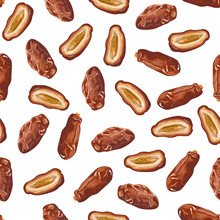 Dates Fruits Seamless Pattern. Vector Illustration Of Dried Fruits On A White Background In Cartoon Flat Style. Dried Date Palm Berries. 