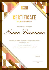 Wall Mural - vertical modern luxury certificate of completion template with gold and brown abstract cube shape graphic background
