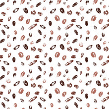 Seamless Pattern Of Colored Coffee Grains Isolated On White Background. Cafe Template For Design And Decoration Paper, Gift Cards, Textiles, Any Occasion. Brown Coffee Beans Endless Texture, Tile.
