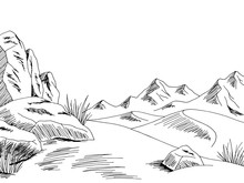 Desert Graphic Black White Landscape Sketch Illustration Vector
