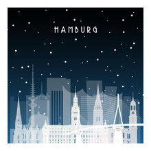 Winter Night In Hamburg. Night City In Flat Style For Banner, Poster, Illustration, Background.