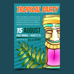 Canvas Print - Areca Palm Leaf And Laughing Idol Banner Vector. Floral Chrysalidocarpus Lutescens Arching Frond Green Plant And Funny Idol On Invite Poster To Tropical Party. Designed In Vintage Style Illustration