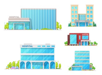 Poster - Hospital buildings, clinic ambulance and medical institution architecture facade icons. Vector modern medical center or state clinic buildings, modern urban infrastructure