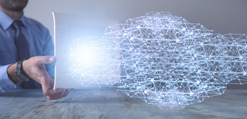 Wall Mural - man holding tablet. digital network connections