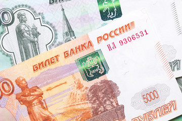 Russian ruble. Russian currency closeup in the form of texture.