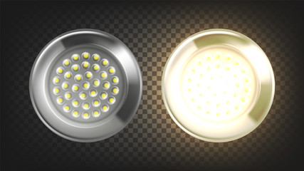Electrical Lighting Led Light Lamp Panel Vector. Energy-saving Eco-friendly Lamp Innovation Technology With Metallic Round Frame. Office Illuminate Device Layout Realistic 3d Illustration
