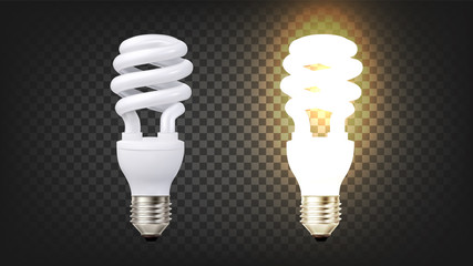 Energy Efficiency Fluorescent Lamp Cfl Vector. Illuminating Modern Low-energy Fluoresent Electric Light-bulb Radiate Ultraviolet Light For Lower Energy Level. Layout Realistic 3d Illustration