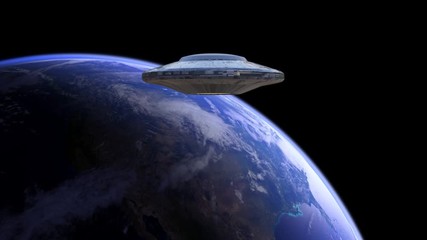 Wall Mural - ufo, rotating alien spaceship with extraterrestrial visitors, flying in orbit of planet earth, 4k lo