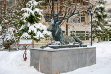 Sculpture Deer-royal. Bronze, Germany 1905. On A Frosty Winter Day During A Snowfall