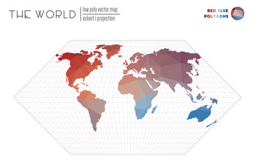  Low poly world map. Eckert I projection of the world. Red Blue colored polygons. Neat vector illustration.