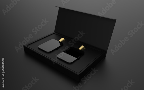 Download Two Glass Perfume Bottle Mockup With Open And Closed Package Box On Black Background 3d Illustration Stock Illustration Adobe Stock