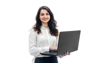 Young woman with laptop isolated on white