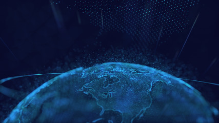 global communication technology and telecommunication financial network around planet earth. blue to