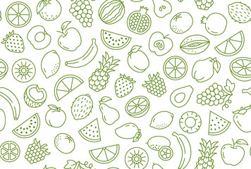 Fruit and berry background, abstract food seamless pattern. Fresh fruits wallpaper with apple, banana, strawberry, watermelon, line icons. Vegetarian grocery vector illustration, green white color