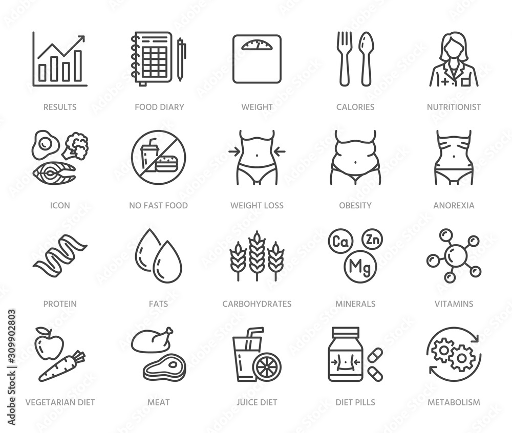 Nutritionist flat line icons set. Diet food, nutritions - protein, fat, carbohydrate, fit body vector illustrations. Outline pictogram for overweight treatment. Pixel perfect 64x64. Editable Strokes - obrazy, fototapety, plakaty 
