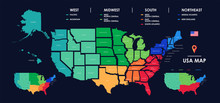 Detailed Map Of US Regions, Isolated States With Names, Colorful Infographics Of The United States Of America, Vector Illustration