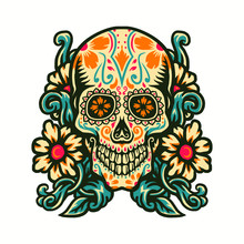Vector Illustration Of Sugar Skull With Flower Border