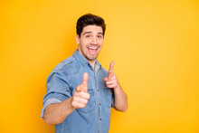 Photo Of Cheerful Positive Handsome Man With Good Mood Pointing At You To Praise You Smiling Toothily Isolated Yellow Vivid Color Background