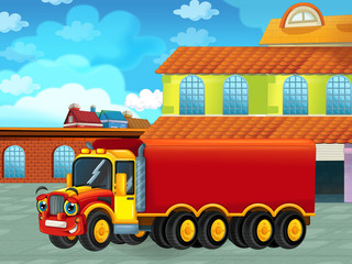 Wall Mural - cartoon scene with car vehicle on the road near the garage or repair station - illustration for children