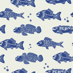 Linocut print style. Abstract fresh and saltwater fish. Paper cut scandinavian style. Flat design. Hand drawn blue vector seamless pattern. Modern trendy illustration