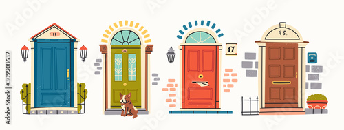 Obraz drzwi   zestaw-czterech-drzwi-wejsciowych-w-stylu-retro-vintage-ceglana-sciana-lampa-na-scianie-okna-siedzacy-buldog