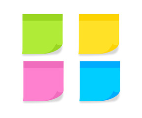 Leinwandbilder - Set different colored sheets of note paper. Blank post for message, to do list, memory. Sticky colored notes. Post note paper with curled corners and shadows. Vector illustration