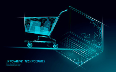 Shopping cart low poly design 3D. Online shop laptop trade market technology. Buy now computer internet marketing payment polygonal banner template. Mobile sale vector illustration