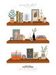 Scandinavian interior - bookshalf with home winter decorations. Cozy holiday season. Cute illustration and Christmas typography in Hygge style. Vector. Isolated.