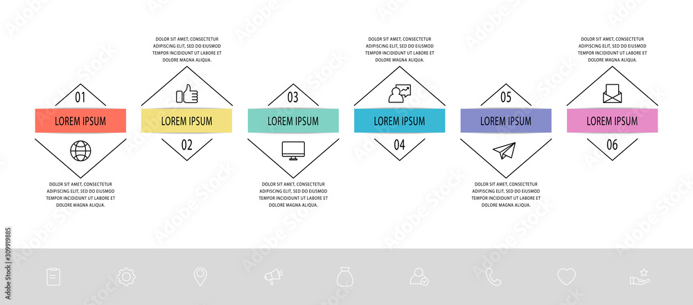 Vector infographic flat template. Triangle with arrows for six diagrams ...