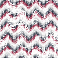 Noisy brushed mottled stains on red, white, and blue chevron stripes tracery motif swatch. Distressed wavy curve artistic messy spots. Dynamic distorted grunge seamless repeat vector pattern swatch.