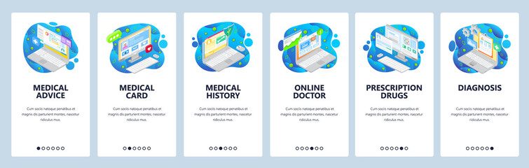 Mobile app screens. Online doctor consultation, health and telemedicine isometric icons, patient medical history. Vector banner for website and mobile development. Web site design flat illustration