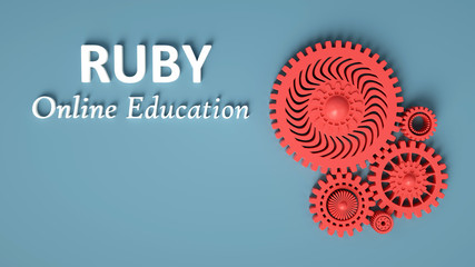 Wall Mural - 3D illustration of Ruby online education with red interlocking cogwheels on blue background. Learn to code Ruby programming language. Advertising Ruby concept banner