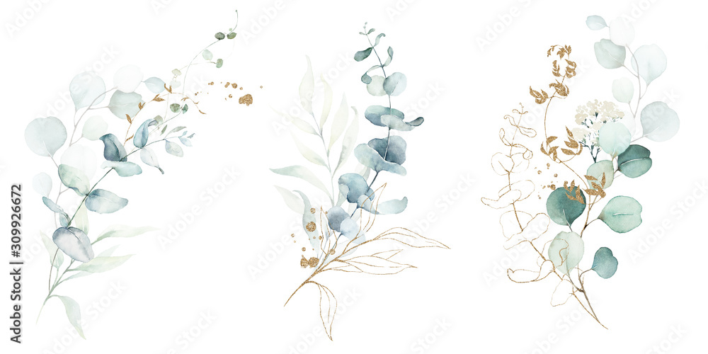 Watercolor floral illustration set - green & gold leaf branches collection, for wedding stationary, greetings, wallpapers, fashion, background. Eucalyptus, olive, green leaves, etc. - obrazy, fototapety, plakaty 