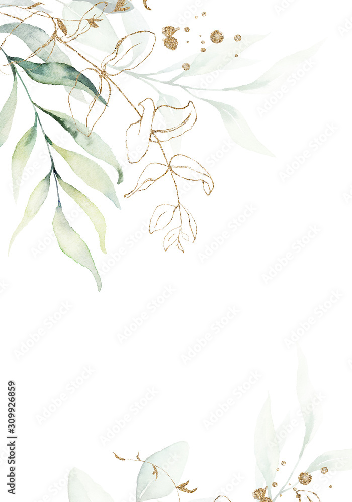 Watercolor floral illustration with gold branches - green leaf frame ...