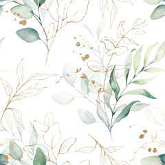 Wall Mural - Seamless watercolor floral pattern - green & gold leaves, branches composition on white background, perfect for wrappers, wallpapers, postcards, greeting cards, wedding invitations, romantic events.