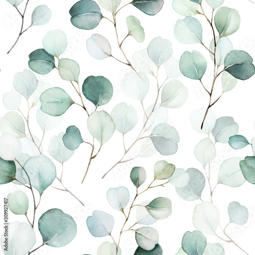 Fototapeta na wymiar Seamless watercolor floral pattern - green leaves and branches composition on white background, perfect for wrappers, wallpapers, postcards, greeting cards, wedding invitations, romantic events.