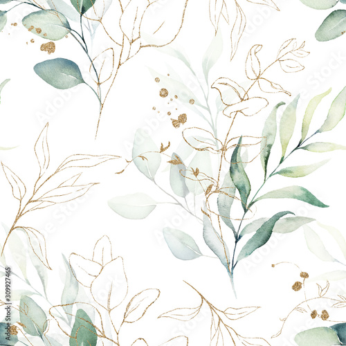 Naklejka na szybę Seamless watercolor floral pattern - green & gold leaves, branches composition on white background, perfect for wrappers, wallpapers, postcards, greeting cards, wedding invitations, romantic events.