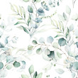 canvas print picture - Seamless watercolor floral pattern - green leaves and branches composition on white background, perfect for wrappers, wallpapers, postcards, greeting cards, wedding invitations, romantic events.
