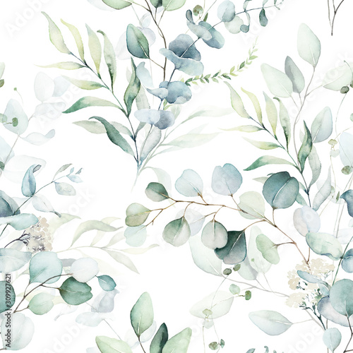 Naklejka - mata magnetyczna na lodówkę Seamless watercolor floral pattern - green leaves and branches composition on white background, perfect for wrappers, wallpapers, postcards, greeting cards, wedding invitations, romantic events.