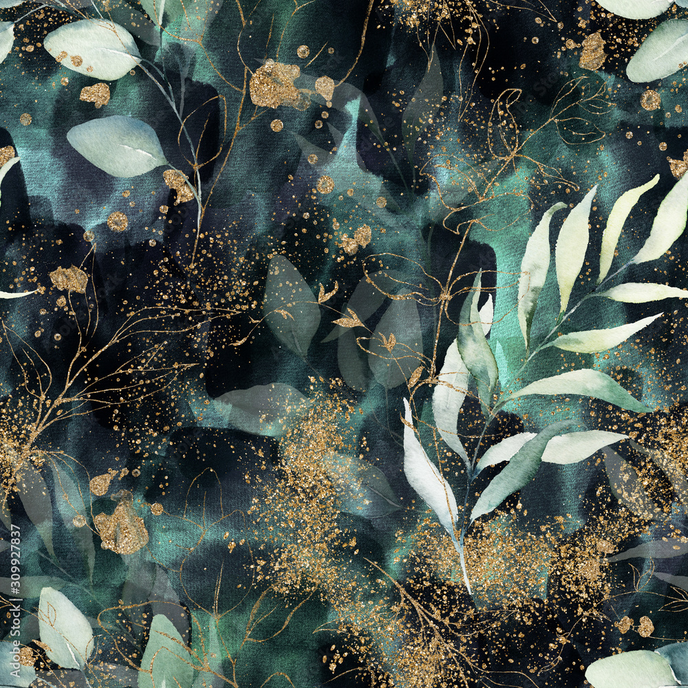Seamless pattern. Floral branch on gold, dark, navy, purple, emerald, green and turquoise watercolor texture design. Rough brush stroke. Illustration. Liquid, water, fluid, cloud, abstract background. - obrazy, fototapety, plakaty 