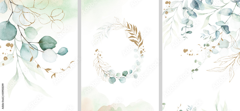 Pre made templates collection, frame - cards with gold and green leaf branches. Wedding ornament concept. Floral poster, invite. Decorative greeting card, invitation design background, birthday party. - obrazy, fototapety, plakaty 