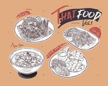 Thai Food Collection, Hand Draw Sketch Vector.