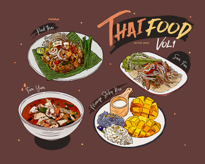 Wall Mural - Thai food collection, hand draw sketch vector.